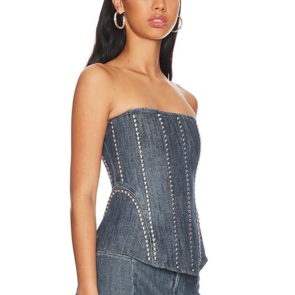 NWT Miaou Libra Stud Denim Jean Cotton Strapless Corset Bustier Top Duran Silver - Picture 3 of 10